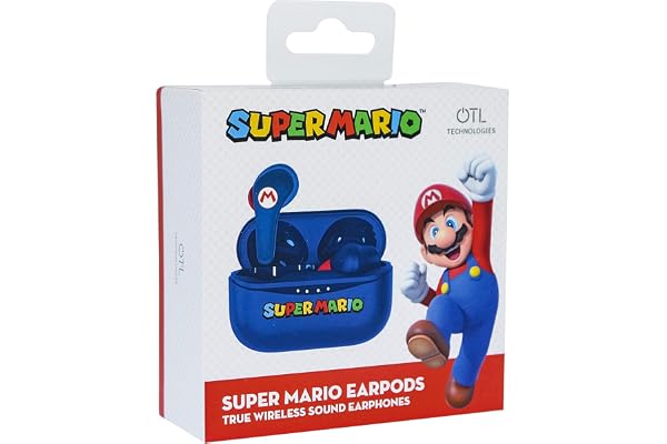 OTL Technologies Ecouteurs sans Fil Bluetooth V5.0 pour Super Mario avec boîtier de Chargement Bleu.