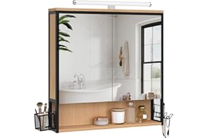 EUGAD Armario Baño Pared con Espejo y Iluminación LED, Armario Colgante con 3 Compartimientos, Mueble Baño con Cestillo y Estante Interior Ajustable, Negro+Roble Claro, 70x14,5x70 cm