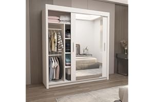 IE INTERIOR EMPORIUM Milan Full Mirror Double Sliding Door Wardrobe (or three in the 250cm size) With Shelves, Hanging Rails and LED Light in 6 Sizes & 4 Colors (120cm, White)