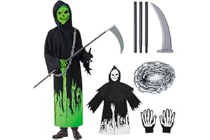 BIQIQI Deguisement Faucheuse Enfant Costume Faucheur Enfant Deguisement Halloween Enfant Déguisement Squelette Avec Gants Faux et Chaîne, Déguisement Zombie Costume Scream Pour Fille Garcon 4-12 ans