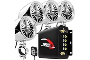 Aileap 4-kanałowy wzmacniacz motocyklowy, 1000 W, 4 cale, pełny zakres, wodoodporny, Bluetooth, motocykl, głośniki stereo, system audio z AUX, USB, SD, FM, radio do kierownicy, 1–1,5 cala, Harley, Cruiser, ATV, UTV, chromowany, wentylator