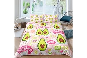 feelingyou Cartoon Avocado Comforter Covet 155 x 220 cm, Cute Green Tropical Fruit Duvet Cover with 1 Pillowcase, Girly Style Pink Stripes Polyester Bedding Set for Boys Teens Bedroom Decor
