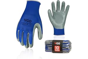 Vgo... 10 paia Guanti da Lavoro Rivestiti Nitrile, Guanti da Giardinaggio Bricolage Meccanico Spalmato Poliuretano con Palmo Impermeabile, NT2110 Blu, Taglia XL