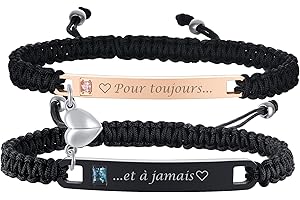 GAMTIC 2PCS Bracelets Couple Amoureaux Personalisés - Bracelet Réglable en Cordon Tressé Acier Inoxydable Zircon Cristal Bracelet avec Gravure Bracelets d'Amitié