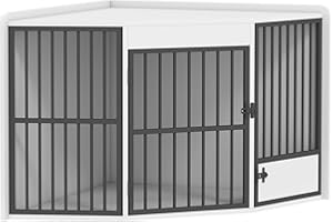 PawHut Eck-Hundekäfig Hundebox für Zuhause, Abschließbare Hundehütte Indoor mit drehbare Fütterungstür Hundehaus für kleine/mittlere Hunde Weiß 113 x 80 x 64 cm