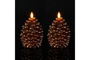 Homemory Pine Cone Battery Flameless Candles, 6+18 Hours Timer, Flickering Wick Real Wax Fake Electric Candles, for Holiday Indoor Decoration, Set of 2, Brown