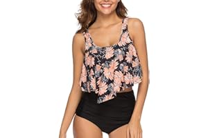 Voqeen Mujer Bikini con Cuello Halter Acolchado y Volante Acanalado de Cintura Alta y Traje de baño