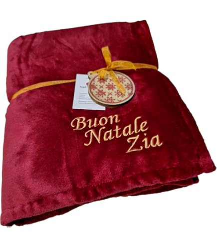 AmiAmarena Regalo Natale Personalizzato. Set Plaid e Federa per cuscino con nome ricamato. Idea regalo di Natale per mamma, papà, nonna, nonno, maestre. (152x127, Renna