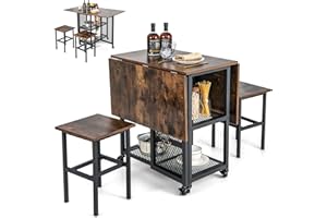 GiantexUK 3 PCS Folding Dining Table and Stools Set, Drop Leaf Dining Room Set with 2-Tiers Storage Shelves & 6 Wheels, Space-Saving Kitchen Table and Chairs Set for Home Living Room Pub (Brown+Black)