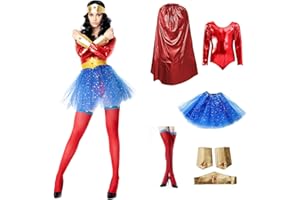 CARNAVALIFE Disfraz Superhéroe Poder Mujer, Conjunto Falda Tutú con Estrella, Maillot Body, Capa, Pulseras y Tocado