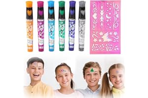 EIH1 Penne Glitter Tatuaggi per Bambini con 6 Pennarelli Glitter, 1 Stencil Carini,Festa Giocare Disegnare Tatuaggi Bambini,Adatto per compleanni, Halloween, feste di Natale