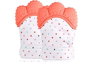 ACEHOME 2 Pack Food Grade Silicone Teether Glove, Baby Teething Mitten - Prevent Scratches Protection Gloves Soothing Pain Relief Mitt Stimulating Teething Toys for Baby (Orange)