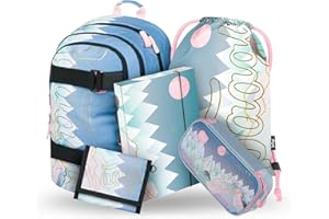 Baagl Schulrucksack Set Mädchen 5-Teilig, Schultasche ab 3. Klasse, Grundschule Ranzen mit Brustgurt, Ergonomischer Schulranzen (Skate Moon)