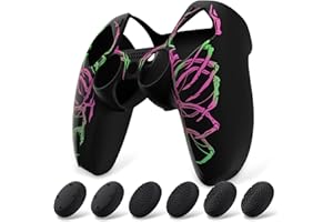 playvital Coque Protection pour ps5 Manette,Housse Silicone avec 6 Capuchon Joystick pour ps5 Grip Cover Skin Compatible avec Station de Charge-Sculpture Crâne Rose & Vert,Pure Series
