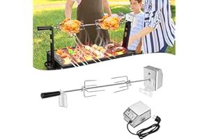 Froadp 220-240V Asador Eléctrico Giratorio para Barbacoa, Asador de Acero INOX con 2 Agujas para Carne, Kit de Asador de Pollo Asado con Motor, Asador Barbacoa para Parrilla de Gas BBQ