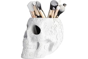 THE WINE SAVANT Skull Makeup Brush, Candy Bowl & Pen Holder, Bowl, Spooky Goth Decorations, Extra Large, Strong Resin, Skeleton Skulls and Bones Organizer Bathroom Trick Or Treat Decor by Gute (White)