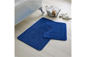 GC GAVENO CAVAILIA Greek Key Pattern Bath Mats 2 Piece Sets Non Slip, Soft Washable Rug Quick Dry Water Absorbent Bathroom Shower Mat & Pedestal Set, Royal Blue