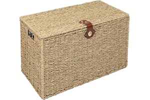 Woodluv Natural Seagrass Lidded Trunk, Toy Box Chest, Storage Basket, Handwoven Organiser - Small