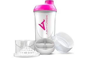 Frauen Protein Shaker 700 ml - ORIGINAL von AMITYUNION – Deluxe Eiweiß Shaker auslaufsicher - BPA frei mit Sieb & Skala für Cremige Whey Shakes, Gym Fitness Becher für Konzentrate in Pink Weiß Cup