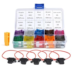 QLOUNI 106 in 1 Standard Blade Fuse Assorted Kit, 100 Auto Car Micro Blade Fuse (2A, 3A, 5A, 7.5A, 10A, 15A, 20A, 25A, 30A, 35A), 5 Inline Fuse Holder Replacement Kit 16AWG and 1 Blade Fuse Extractor