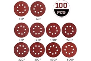 Disque de Ponçage Papier Abrasif 125 mm-Rovtop 100 PCS Disques Abrasifs 40/60/80/120/180/240/320/400/600/800 Idéal pour Poncer/Polir/Dérouiller