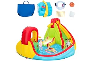 DREAMADE Château Gonflable pour 3 Enfant 3-10ans avec Deux Toboggans,Piscine Gonflable avec Panier de Basket-Ball,Toboggan Aquatique Extérieur,Mur d'escalade, 480 x 420 x 233 cm (sans Gonfleur)