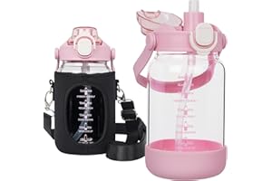 Seekua 1l Sport Gourde Verre avec Paille & Infuseur à Fruits 1 litre grande Bouteille d'eau Verre avec Marqueur de Temps & Heure de Motivation