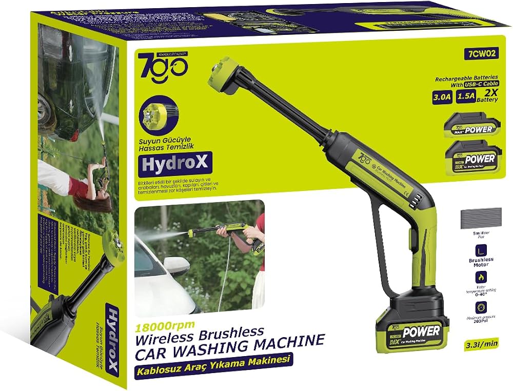 7GO 7CW02 Akülü Şarjlı Yüksek Basınçlı Araç ve Bahçe Yıkama Temizleme Tabancası 18000 RPM Fırçasız Motor 203 PSI Maksimum Basınç 2x Li-ion Batarya USB-C Hızlı Şarj 5m Hortum Köpük Tabancası