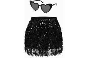 LUFDEGIM Damen Pailletten Rock Quaste Glitzerrock Hüft Pailettenrock Rave Röcke Gläser Set Fransenrock für Tanz Club Halloween Kostüm