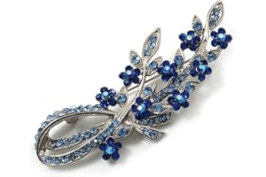 Avalaya Romantic Blue Austrian Crystal Floral Brooch in Silver Tone Metal - 75mm L