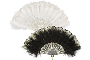 TUONYIS 2 Pezzi Bianco Nero Ventaglio di Piume anni '20, Ventaglio Nozze, Ventaglio di Piume Ventaglio a Mano Donna, Ventaglio Manuale Pieghevole in Stile Vintage, 1920 Handheld Feather Fan (2 Pezzi)