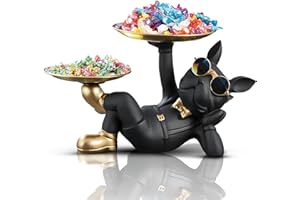 HUHOTE French Bulldog Statue,Resin Bulldog Decor with Tray, Candy Dish Key Holder Bowl Storage Ornament Sculpture for Home Decor,Accessories for Office Desk Figurines Entryway Table Decor (Lying,Black)