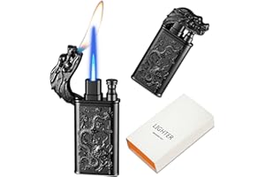CYJBAO Relief Dragon Dual Flame Lighter - Windproof Adjustable Jet & Soft Flame, Refillable Butane Lighters for Candle, BBQ, Kitchen, Camping(Without Butane)-Black
