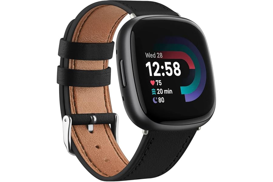Wanme Genuine Leather Strap Compatible with Fitbit Versa 3/4, Sense/Sense 2 - Black, 20mm Unisex Classic Watch Band