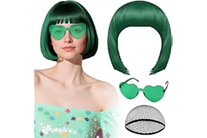 ‎PLULON Dunkelgrüne Perücke mit Herz-Sonnenbrille und Haarkappe für Frauen, PLULON Kurze Bob-Perücken, synthetisch gefärbt, lustige Cosplay-Haarteile für Frauen und Männer, Alltag, Bachelorette, Halloween