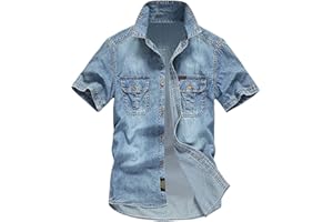 Duohropke Jeans da uomo, a maniche corte, estiva, in denim, a maniche corte, con bottoni a pressione, per uomo, blu chiaro, grigio scuro, vestibilità normale, look usato, camicia a maniche corte