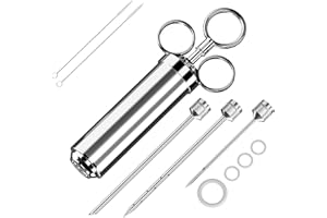 Seringue Alimentaire de Cuisine, Injecteur Marinade d'acier Inoxydable, Injection Viande, Seringue à Marinade, 60 ML avec 3 Aiguilles + 4 Joints toriques de et 2 pinceaux de Nettoyage (Argent)