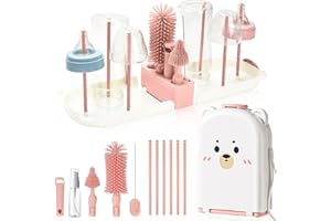 WESWEET Babyflaschenbürsten zur Reinigung von Babyflaschenreiniger, Bürste, Reisesterilisator für Baby-Reise-Essentials mit Silikonflasche/Nippel/Strohhalmbürste (Pink)