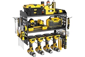 Yeabett 3 Ebenen Werkzeug Wandhalterung, Werkzeugspeicher Aufbewahrung für 4 Elektrowerkzeug, Werkzeug Wandhalterung für Garage, Werkstatt, 42.5 * 20 * 31cm (Schwarz)