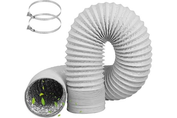 Avluftsslang 100 mm diameter längd 2 m, flexibelt frånluftsrör 100 mm/3,94 | PVC aluminiumrör slang med 2 slangklämmor rostfritt stål, frånluftsslang torktumlare (vit, 100 mm x 2 m)