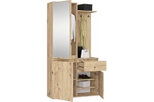 AKORD ENTRO Coat Rack Set, Black, 95 cm, Compact Coat Rack, Narrow Hallway, 3 Doors, 1 Drawer, 7 Shelves, Hallway Wardrobe Set, Modern, Hallway Furniture Set, Industrial Style, Artisan Oak