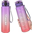 GEMFUL Water Bottle 1 Liter with Straw Time Marker Tritan BPA Free for Fitness Gym Outdoor Sports (Purple/pink)