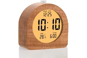 Plumeet digital väckarklocka i trä för sovrum, trä 10 cm batteridriven väckarklocka med snooze och nattlampa, elektronisk LCD