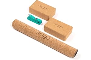 Myga Cork Yoga Starter Set - Cork Mat, 2 Blocks & Strap - Starter Kit with Mat, 2 Bricks & Metal D Ring Belt for Hot Yoga, Pilates & Fitness - Home Studio Gift - Choice of Colour