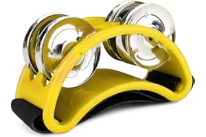 Flexzion Tambourin à pied avec grelots en acier à double rangée-instrument à percussion pour enfants adultes Cajon fête KTV Jouet cadeau chanteur et guitaristes (Jaune)