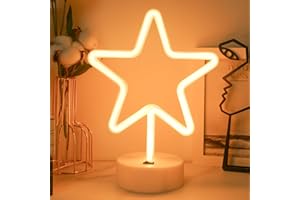 JEMESI Luz de neón de estrella, luz nocturna para dormitorio, alimentada por batería/USB, letreros de neón LED blanco cálido en forma de estrella con base, decoración de luces para el hogar