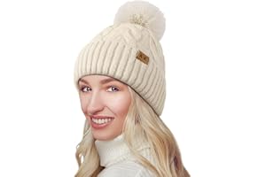 BLURBE Winter Hats for Women - Warm Knitted Bobble Hat Fleece Lined Thermal Beanie Hats Ladies Soft Ski Cuff Cap with Pom Pom