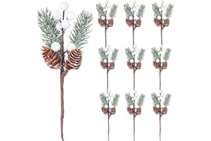 KKSTY 10 púas artificiales de Navidad, tallos de bayas blancas con piñas para arreglos florales de Navidad, suministros de fabricación de coronas, decoración de temporada de vacaciones de invierno