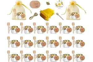 Hapneyea 20 paquetes de latas de miel de vidrio de 1,5 onzas con cucharas,colgantes de abejas,bolsas de regalo,tarjetas de agradecimiento,pegatinas - adecuadas para regalos para bebés,bodas y fiestas