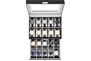 Uten Caja de Relojes con 20 Compartimentos, 2 Niveles Caja para Reloje PU, Cerradura con Llave, Tapa Vidrio, Forro Terciopelo Gris, para Exhibición y Almacenamiento Relojes Joyería